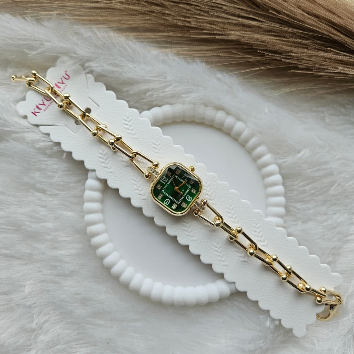 Anti-Tarnish Loop Chain Square Dial Watch Green 