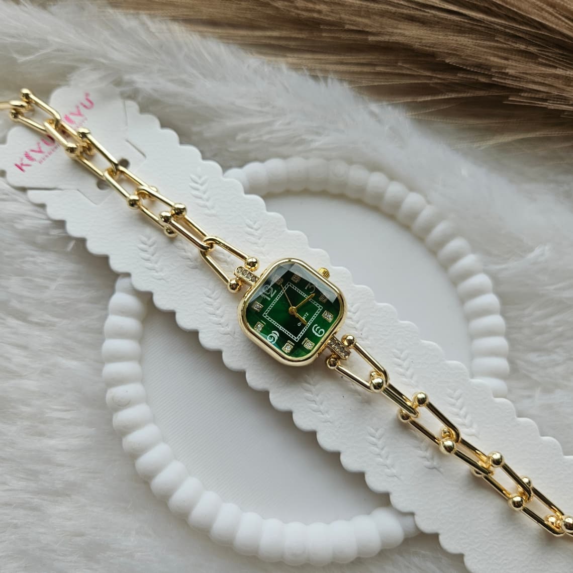 Anti-Tarnish Loop Chain Square Dial Watch Green  — image 2